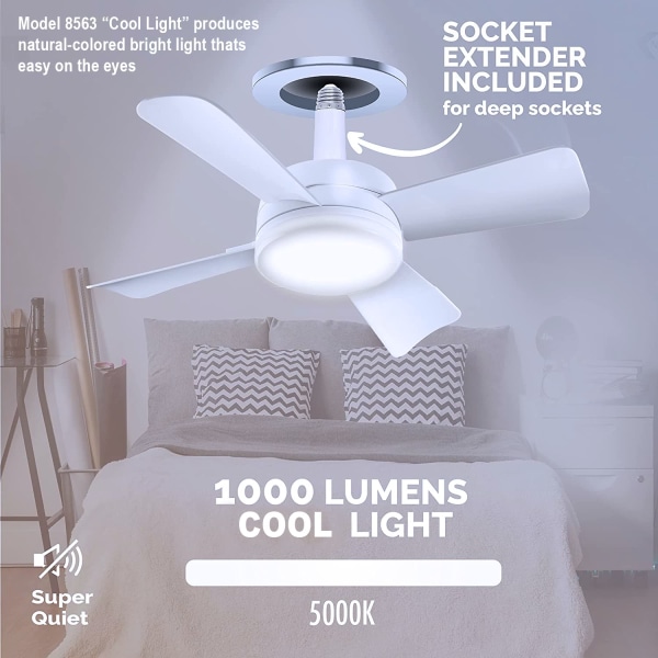 Socket Fläkt Light - Cool Light LED - Tysta takfläktar med lampor och fjärrkontroll - Sovrum, Kök, Vardagsrum