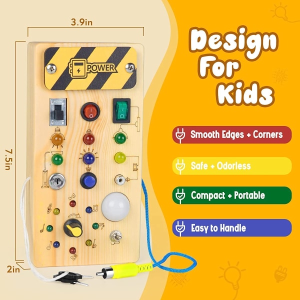 Træbræt til småbørn Montessori travlt bræt LED-lyskontakter Sansebræt Pædagogisk læringslegetøj Baby og småbørn fra 3 år E