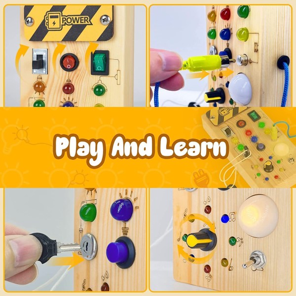 Træbræt til småbørn Montessori travlt bræt LED-lyskontakter Sansebræt Pædagogisk læringslegetøj Baby og småbørn fra 3 år A