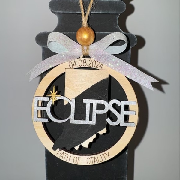 Solar Eclipse 2024 Ornament, Wooden 2024 Eclipse Keepsake, Path of Totality States Ornament, 2024 Solar Eclipse Party Supplies 12