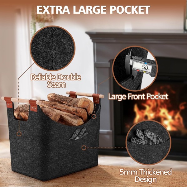 Brændekurv filtkurv 5 mm ekstra tyk filt og forstærket håndtag Foldbar trækurv filtpose som opbevaringskurv til indkøb, træ, ny 1 st