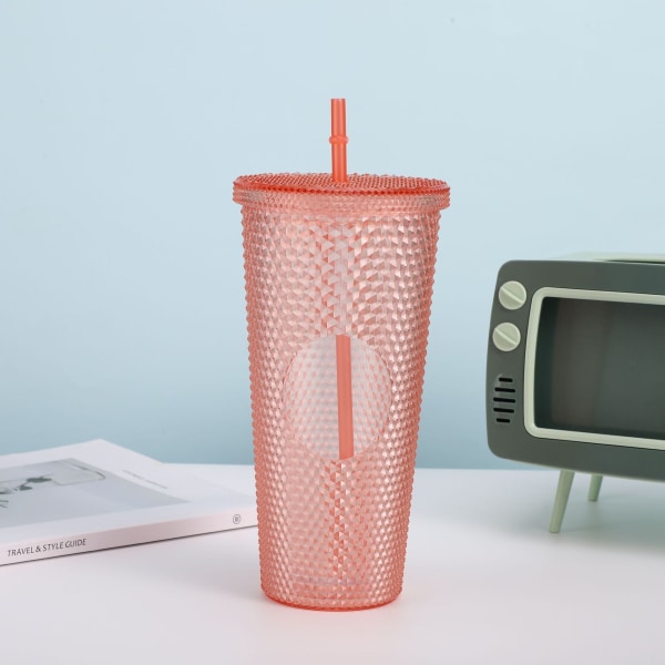 24Oz:n nastoitettu kupit Juomalasi kannella ja pillillä, uudelleenkäytettävä teksturoitu Venti Cup, 100% BPA ILMAINEN läpinäkyvä oranssi 750 ml