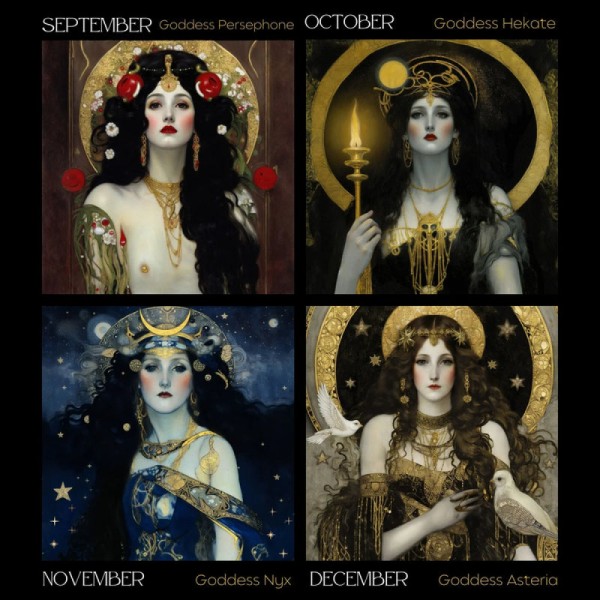 Dark Goddess 2024-kalender, perfekt gotisk boligindretningsgave til dine hedenske venner og elskere af græsk mytologi, julegave 40x20