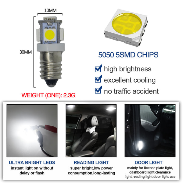 10 stk E10 6V LED-lamper 5SMD 0,5W 50LM lampe (kald hvit)