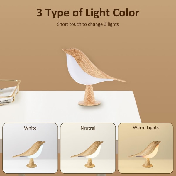 Liten nattlampa, söt fågel LED-bordslampa med beröringsdimmer Creative sänglampa 3 nivåer ljusstyrka skrivbordslampa wi Brun