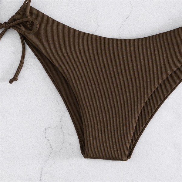 2024 Nya Simbassänger Ribbad Bikini Set Dragsko Sida Bandeau Top och Side Tie Botten 2 Delig Baddräkt coffee brown XS