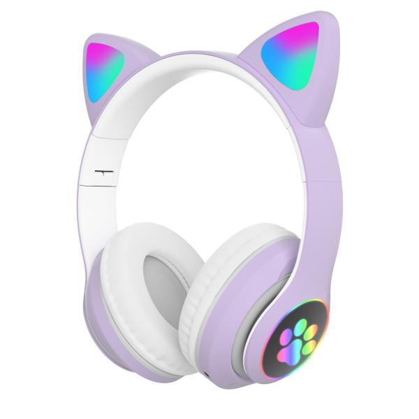 Trådlösa hörlurar Over Ear Cat LED-ljus hopfällbart musikheadset med för vuxna och barn PC-TV-spel Music Pad Laptop Cellph Lila