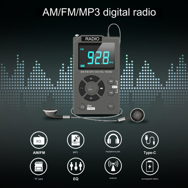 2024 Ny Portabel Mini Pocket Radio Manuell Radio FM Radio grey EU