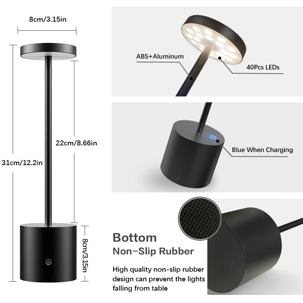 Hapfish Wireless Touch -yöpöytälamppu, ladattava LED-pöytälamppu, tehokas akkukäyttöinen USB pöytävalo, 3 värilämpötilaa, yöpöydälle Argent 1 st