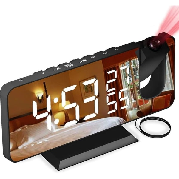 Projektorklocka med radio, digital klocka, dubbelalarm USB -klockradio och 7（vita tecken） LED-spegeldisplay