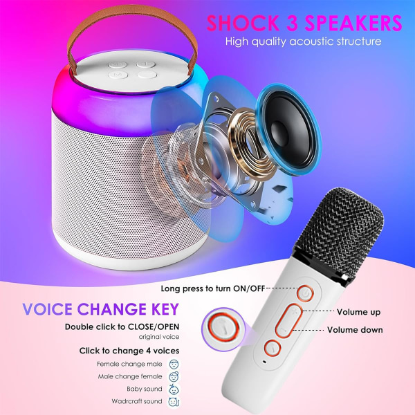 Minikaraokemaskin for voksne for barn, bærbar Bluetooth-høyttaler med 2 trådløse mikrofoner og LED-lys for familiefest, bursdagsgave til Bo