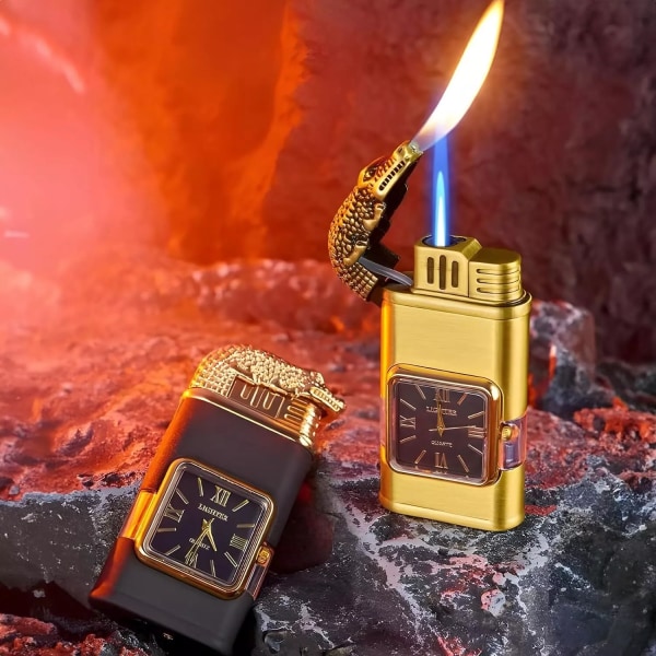 dubbel eld uppblåsbar Vindtät tändare vintage watch bezel jet flame ficklampa påfyllningsbar butan tändare Black Dragon