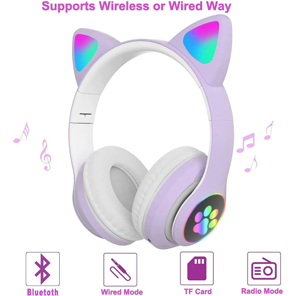 Barne Bluetooth-hodetelefoner sammenleggbare med LED-lys Rosa Rosa