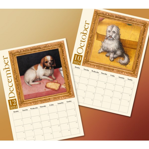 Oudot keskiaikaiset koirat 2024 kalenteri • Hauska moderni tyylikäs eklektinen esteettinen seinäkalenteri • Koiran ystävän joululahja kotiinlähdöille 1pcs