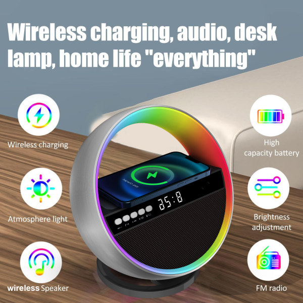 Trådløs opladning Bluetooth-højttaler, stort G-atmosfærelys, mobiltelefon, trådløst opladningsur, multifunktionelt lydsystem black