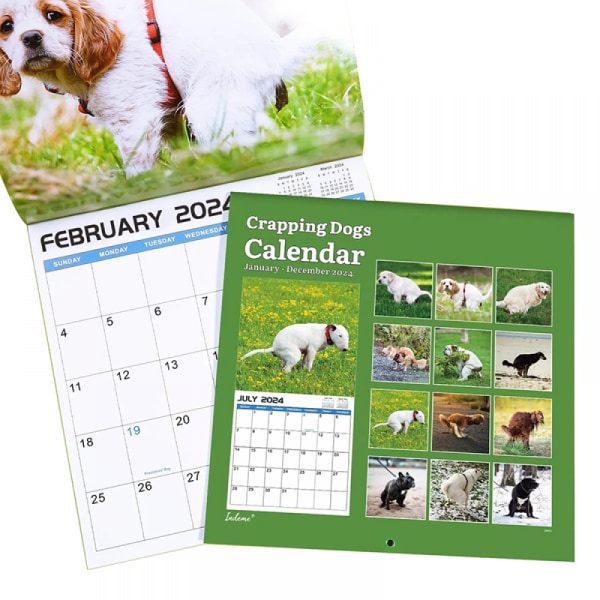 Gag Gifts - 2024 väggkalender, bajsande hundkalender, kalender 2024 från januari 2024 till december 2024, 12 månadskalender