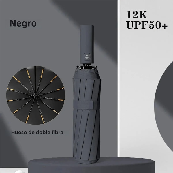 Automatisk sammenfoldelig paraply, vindtæt, stor luksusparaply med sort belægning, 12 ribber, 1 enhed 1pc black