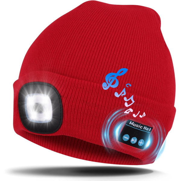 Bluetooth musikmössa, vintermössa med ljus, 4 LED-mössa USB uppladdningsbara mössor för män, kvinnor, varm stickad mössa för vintersport utomhuslöpning röd