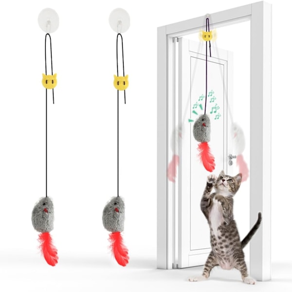 Cat Toys, 2 Pack Door Hanging Interactive Cat Mice Toys with Squeaky Sound and Feather Tail, No Batteries Required, Kitten Toys