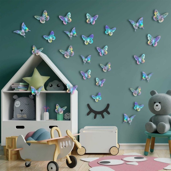 Väggdekor för laserfjäril, 48 st 2 stilar, löstagbara fjärilar för tårtcupcake toppers, 3D-pappersfjärilsdekorationer för födelsedag Baby Sh A