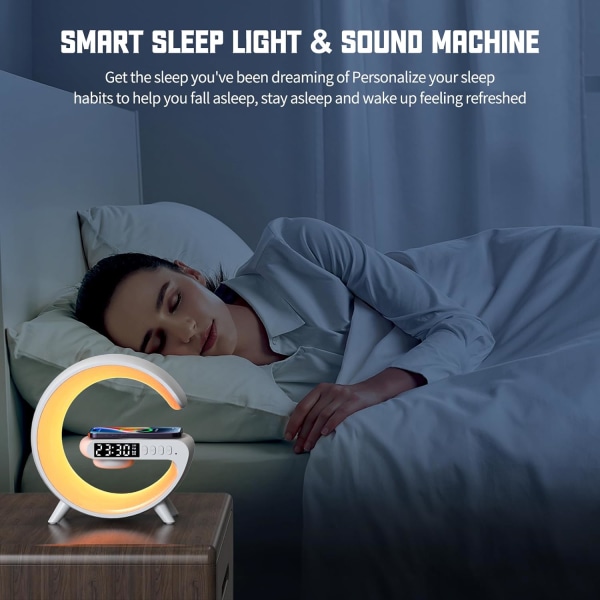 Ny trådlös högtalarladdare, atmosfärsljus vid sängkanten med trådlös laddningsstation, musiklampa 4 i 1 väckarklocka och Bluetooth högtalare Chris Vit
