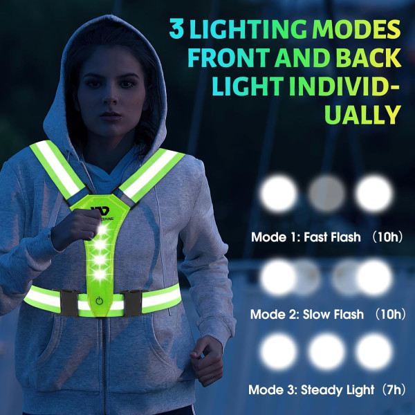 LED reflekterande löpväst, USB uppladdningsbart löparljus, flexibel och justerbar reflekterande löputrustning grön