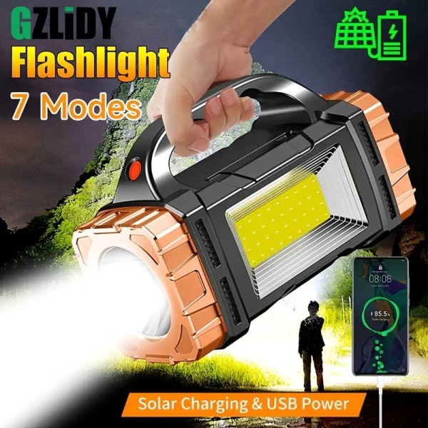 Kannettava aurinko-/ USB ladattava LED-lamppu vedenpitävällä taskulampulla ja useilla valaistustiloilla – täydellinen retkeilyyn, kalastukseen, retkeilyyn ja yökävelyyn