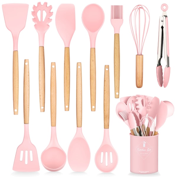 Köksredskap i silikon Set om 11, stora köksredskap med trähandtag, spade, spatel, äggvispar, förvaringslåda Mint color