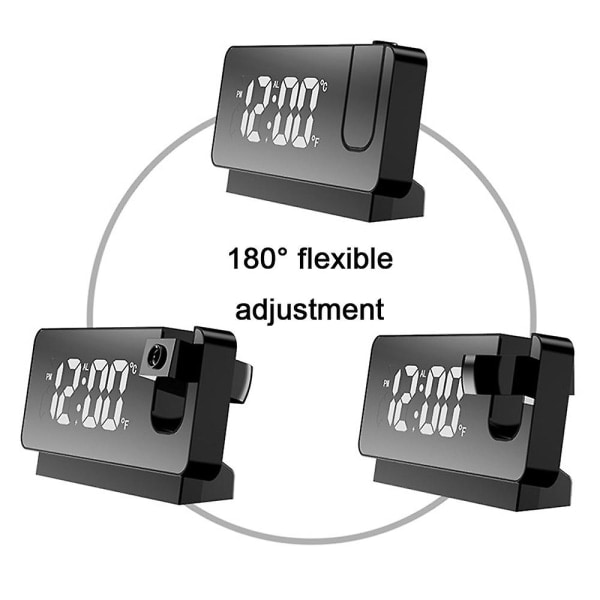 Projisert vekkerklokke for soverom, digital vekkerklokkeradiodimmer og USB-ladeporter, 180 roterbar P Svart