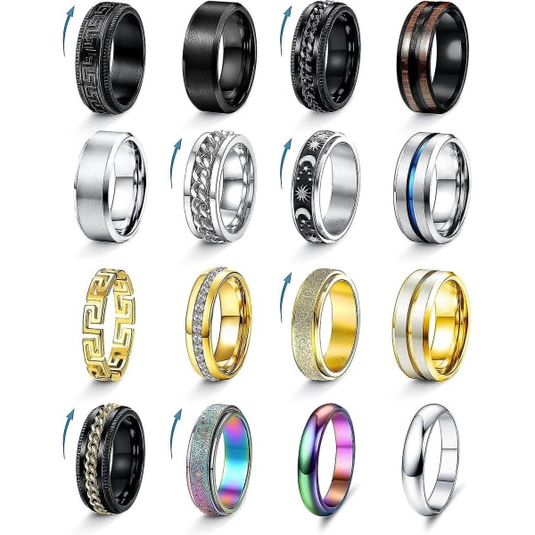 16st rostfritt stål Fidget-ringar för män Kvinnor Silver Guld Svart Herrringar Coola manliga bandringar Kedjespinnring