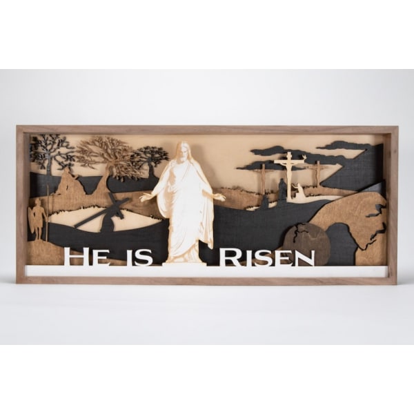 Påskfödelseskugglåda - Han är uppstånden träskärm - Kristen konst för hemmet - påskkonst