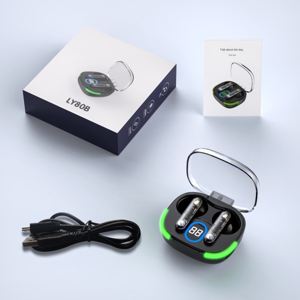 Trådlösa Bluetooth öronsnäckor, genomskinliga hörlursfack, Bluetooth 5.3, hörlurar med superlång standbytid på 180 timmar, brusreducering LY80B Vit