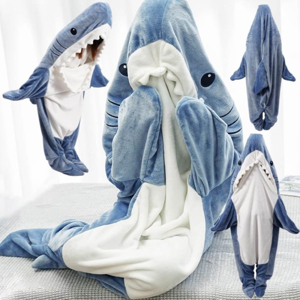 Shark Blanket Hooded Onesie för vuxna och barn, Bärbar Shark Filt, Shark Sovsäck, Mjuk och bekväm Shark Onesie Outfit Blue L（170cm）