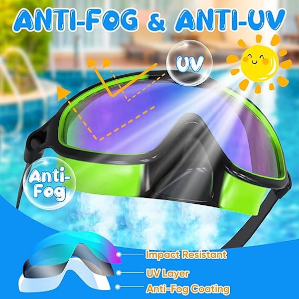 Simglasögon för barn, simglasögon för barn med näsmask, brett synfält, anti-im, UV-skydd, vattentäta simglasögon barn 6-14