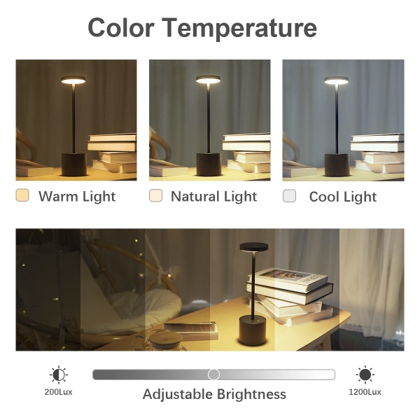Hapfish Wireless Touch sengelampe, genopladelig LED-bordlampe, kraftfuld batteridrevet USB-bordlampe, 3 farvetemperaturer, til sengekanten Argent 2 st