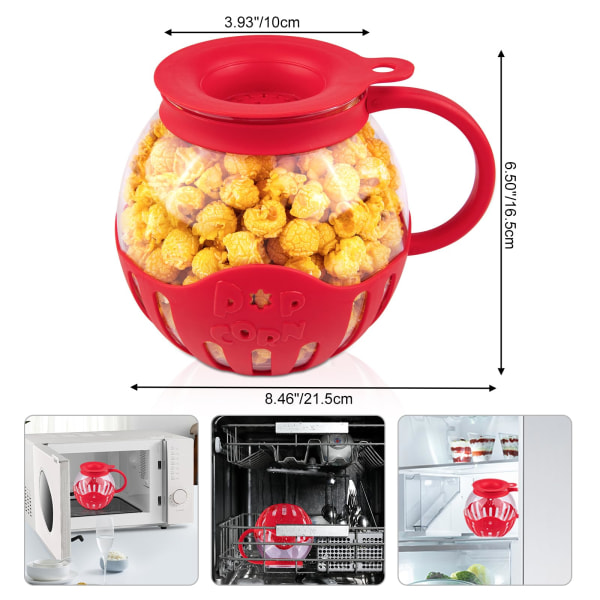 Popcornpopper i glas i mikrovågsugn, 2,25 quarts original popcornburk med silikonlock, BPA-fri, tål diskmaskin red