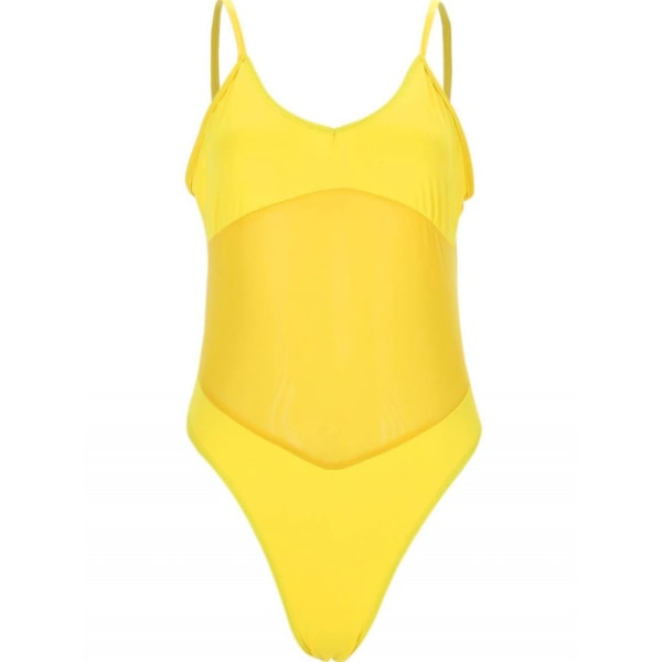 Baddräkt i ett stycke, V-ringad mesh , skir magkontrollbaddräkt med breda justerbara axelband yellow L
