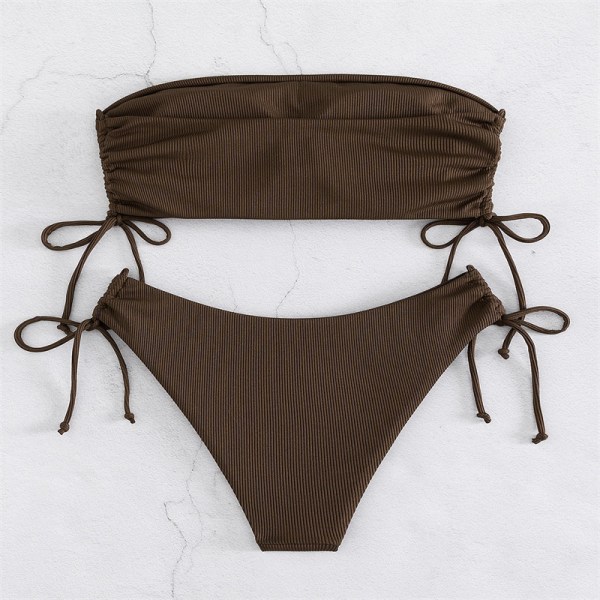 2024 Nya Simbassänger Ribbad Bikini Set Dragsko Sida Bandeau Top och Side Tie Botten 2 Delig Baddräkt coffee brown S