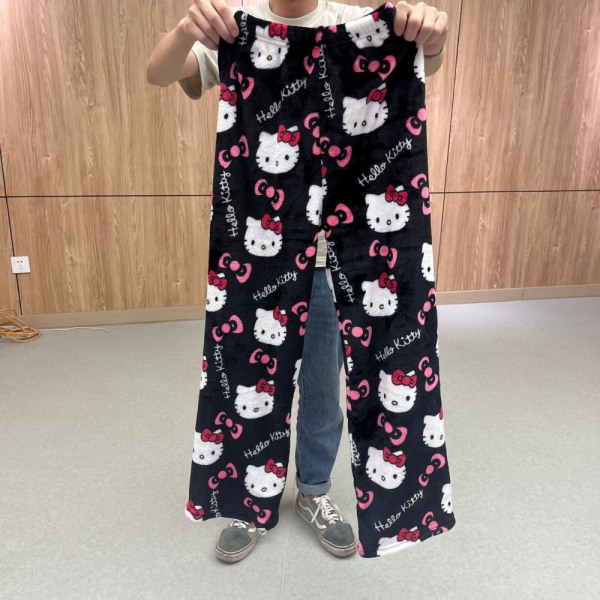 Tecknad HelloKitty flanellpyjamas Plysch förtjockad varma pyjamas för kvinnor Svart rosa katt XXL