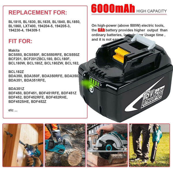 2-paks kompatibelt Makita 18v batteri 6,0 Ah Lxt Li-ion Bl1860b trådløs, nytt 2 st