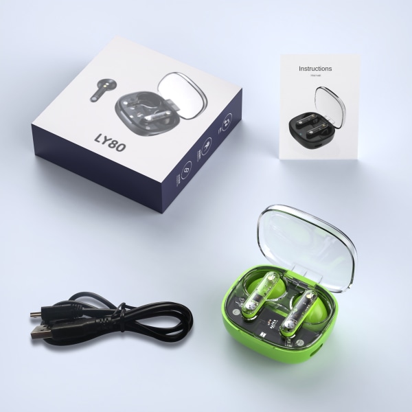 Trådlösa Bluetooth öronsnäckor, genomskinliga hörlursfack, Bluetooth 5.3, hörlurar med superlång standbytid på 180 timmar, brusreducering Grön LY80
