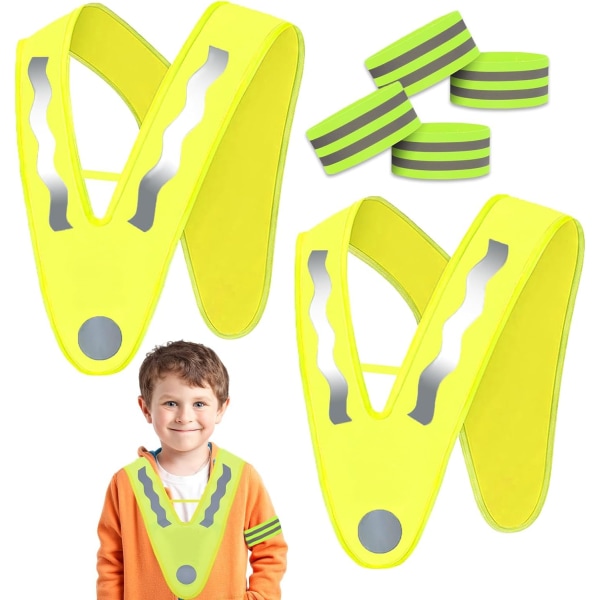 Lysende vest for barn, 2 høysynte vester barn med 4 refleksbånd, V-formet sikkerhetsvest barn gul med el 1 set