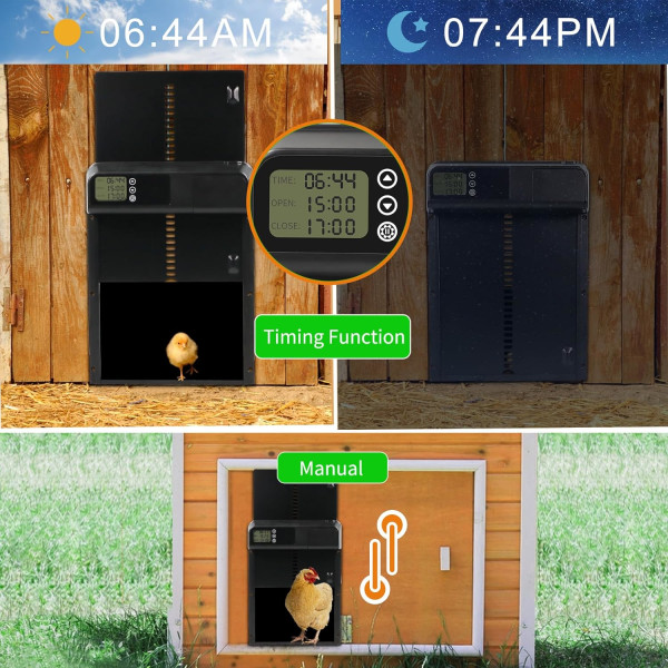 Automatisk hønsegårdsdør - hønsedøråbner med timer, automatisk hønsegårdsdør batteridrevet aluminiumsdør svart