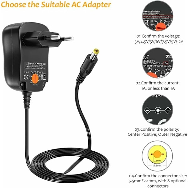 Universell AC till DC strömadapter 3V 4.5V 5V 6V 7.5V 9V 12V 1A switchande strömförsörjningstransformator med 8 DC-kontakter för hemelektronik