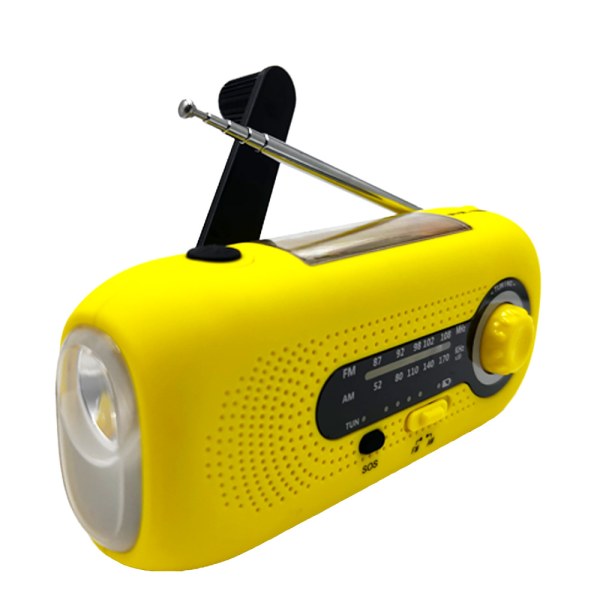 Vevradio med Mobilladdare Solpaneler Ficklampa Powerbank SOS yellow Built in battery