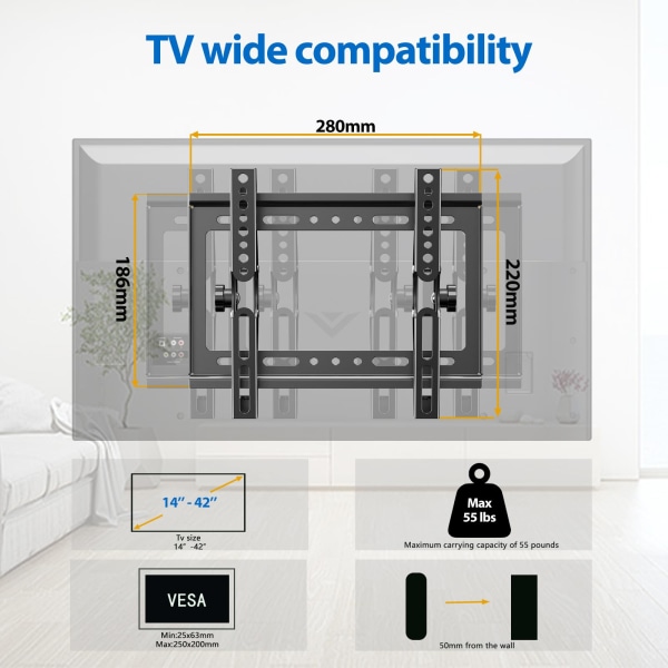 Lutande TV-väggfäste för de flesta 14-tums TV-apparater upp till 55 lbs, robust lågprofils väggfäste för TV-fäste, Max VESA 200x200 mm