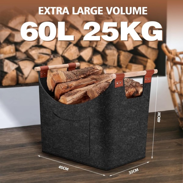 Brændekurv filtkurv 5 mm ekstra tyk filt og forstærket håndtag Foldbar trækurv filtpose som opbevaringskurv til indkøb, træ, ny 1 st