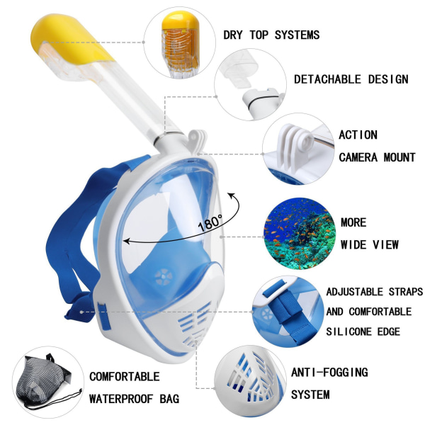 Full Face Snorkel Mask, Snorkelutrustning för vuxna med det senaste Dry Top Breathing System och löstagbart kamerafäste, Vikbar Snorkel Mask Vuxen, Snor P7 XS Kids