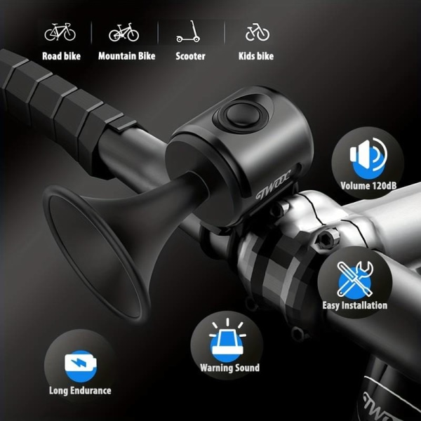 Cykelhorn, 120dB cykelringsignal IPX4 vattentät hög cykelringsignal, elektrisk horn med 300mAh batteridrivet för skoter vuxna och barn black