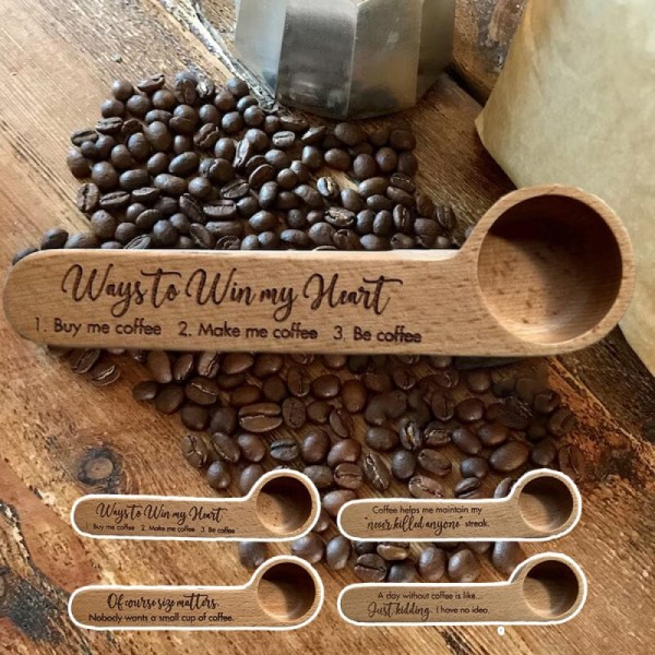 2 i 1 tregravert kaffeskje og poseklemme - Espresso-poser-forsegler - egnet for malte bønner, kaffebønner og løs te D